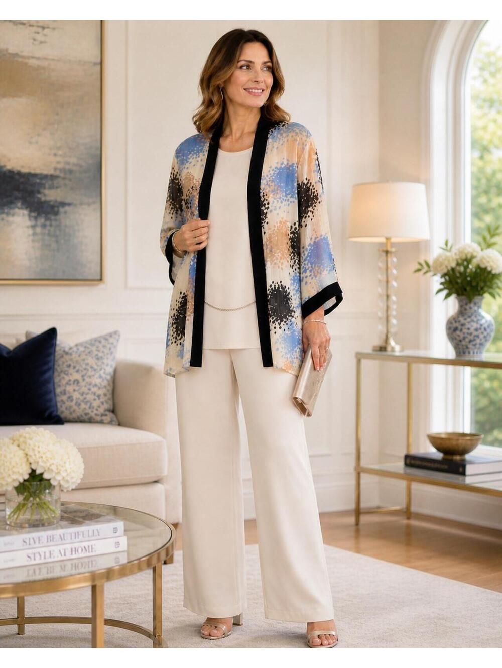 R&M Richards 28WP 2PC Set Beige Blue Kimono Jacket Beige Top Chain Detail